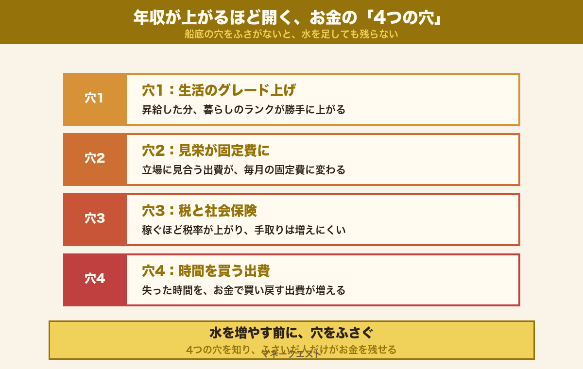 収入が増えても消えていく4つの穴（生活グレード・見栄の固定費・税と社会保険・時間を買う出費）を船底の穴にたとえた概念図