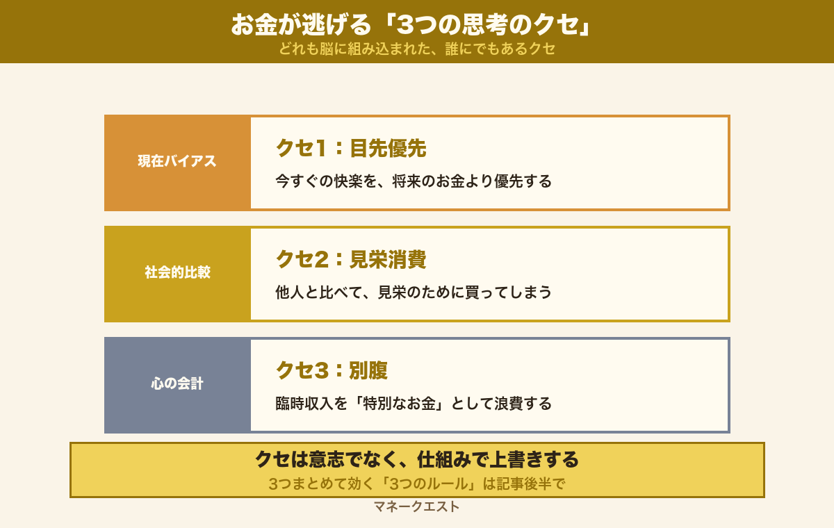 お金が貯まらない人の3つの思考のクセ（目先優先・他人と比べる・臨時収入は別腹）を示した概念図