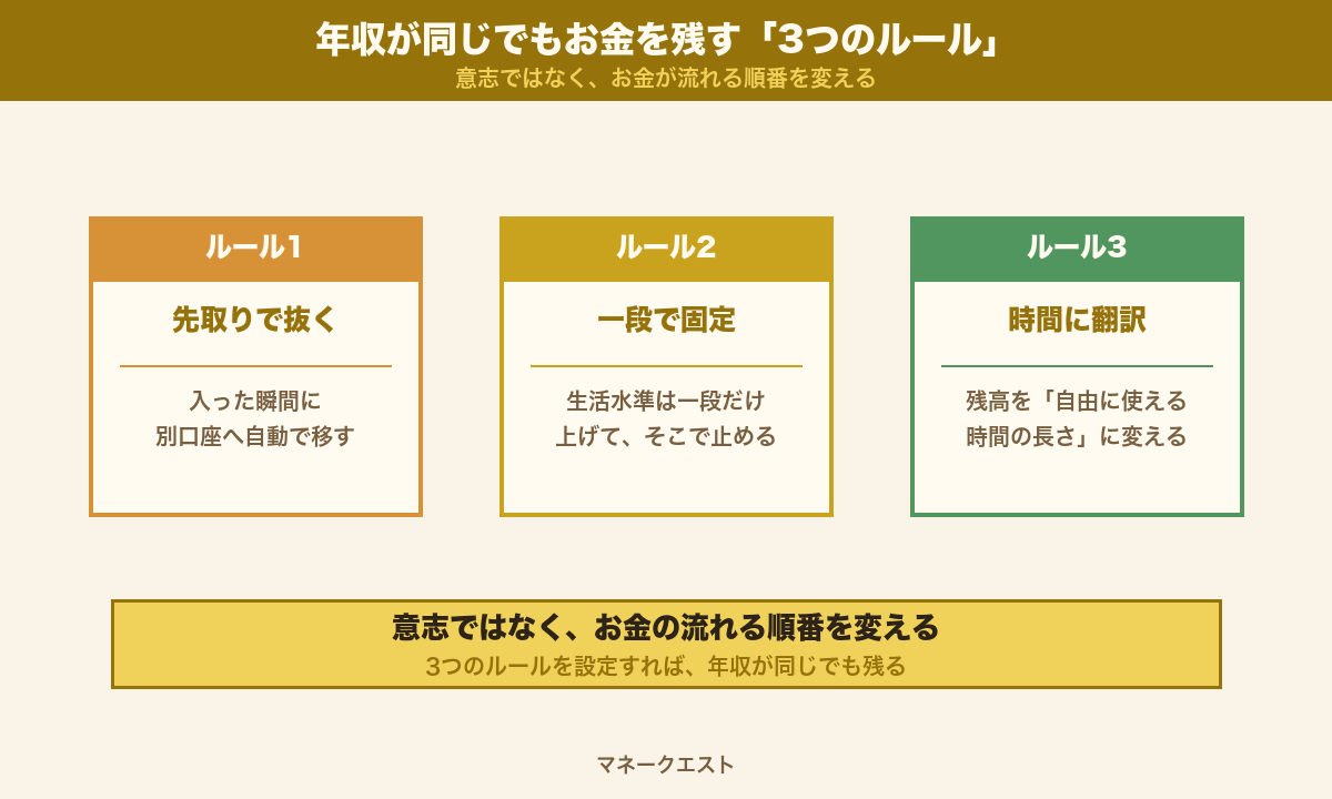 年収が同じでもお金を残す3つのルール（先取り・生活水準を固定・時間へ翻訳）のロードマップ図