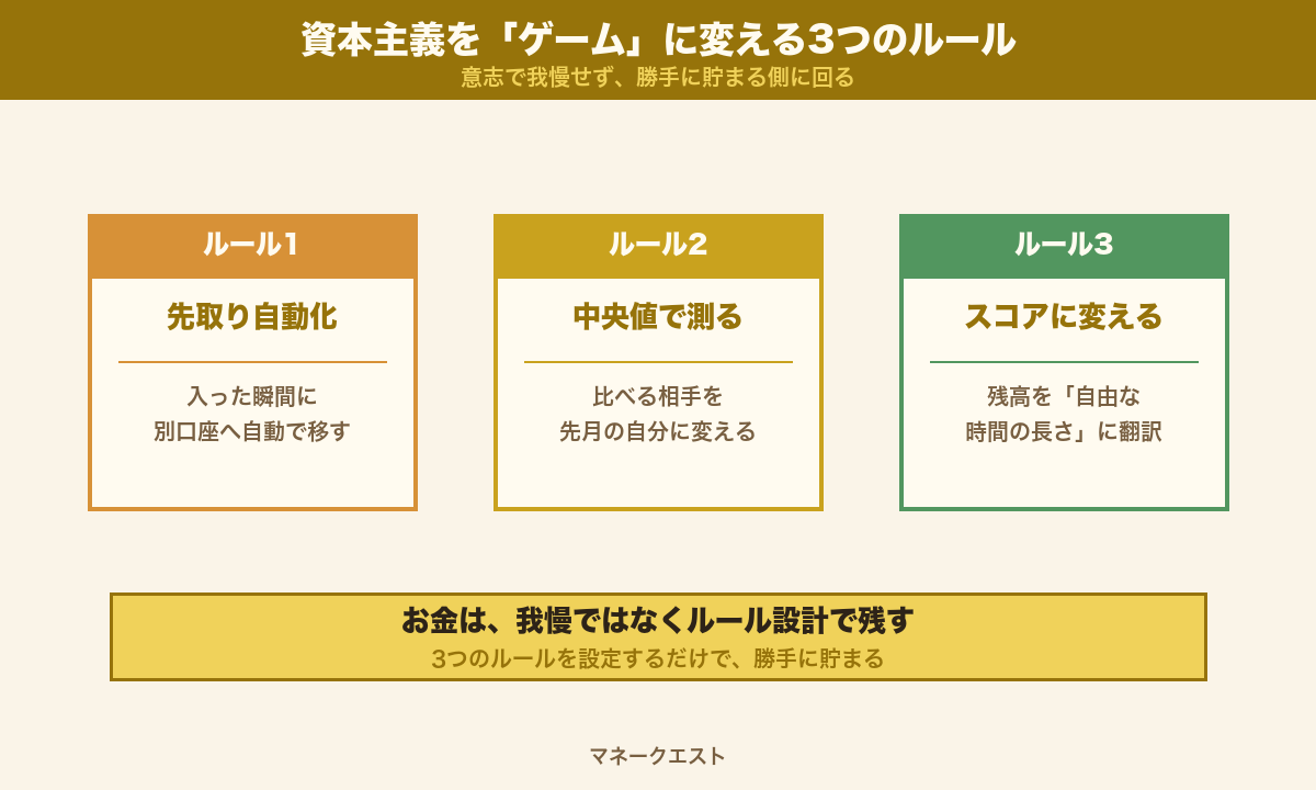 資本主義をゲームに変える3つのルール（先取り自動化・中央値で測る・スコア化）のロードマップ図