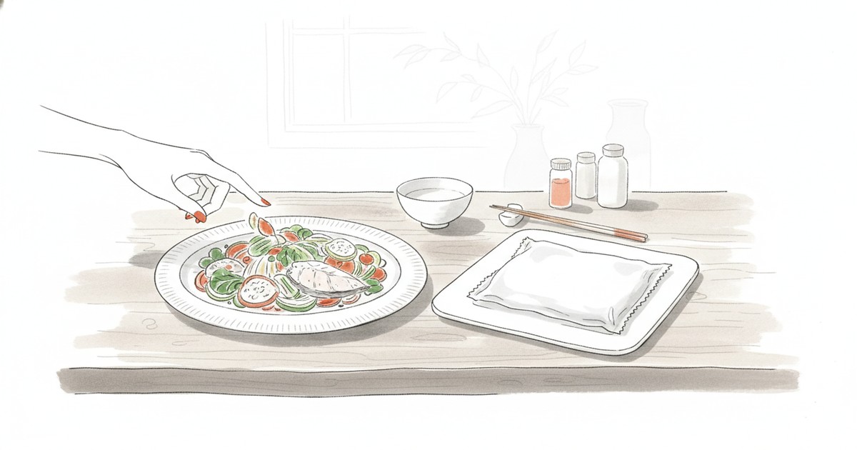 手作りの料理の皿と、袋に入った出来合いの品が並ぶ食卓で、手が手作りの皿に伸びている墨線のイラスト