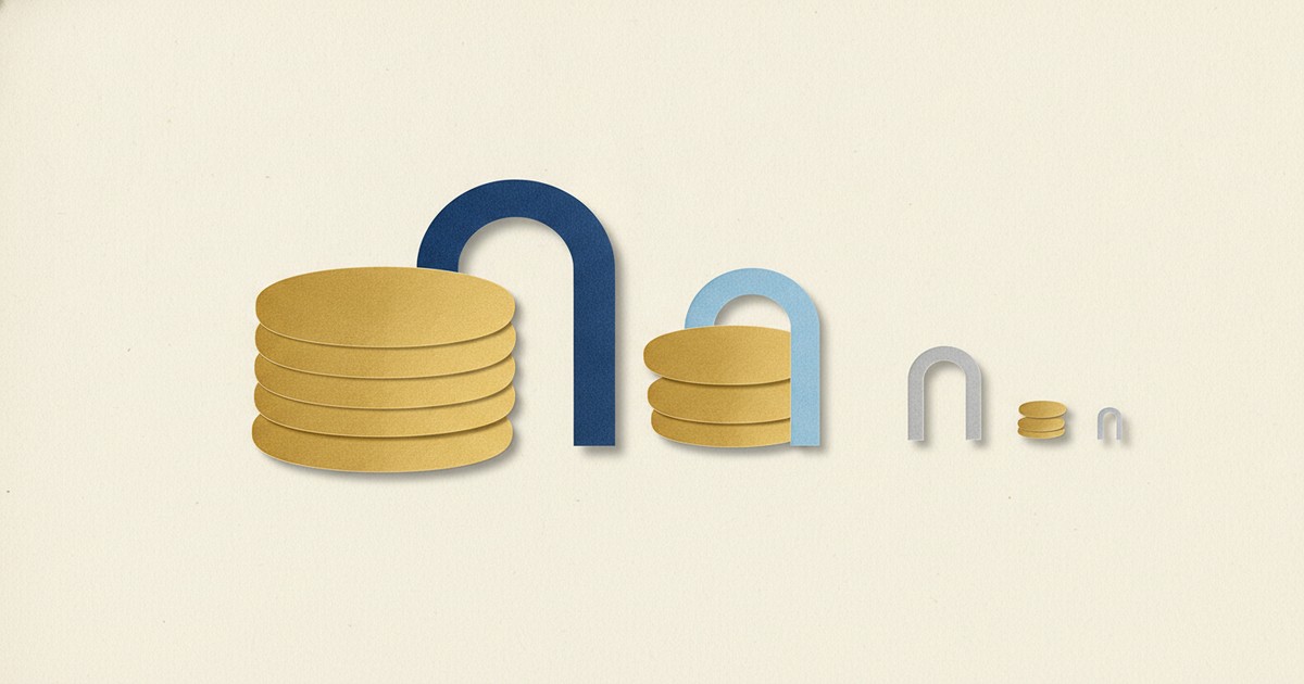 紙を切り抜いたコラージュで、金貨の山が小さな門を通るたびに少しずつ小さくなっていく様子を描いた抽象的な絵